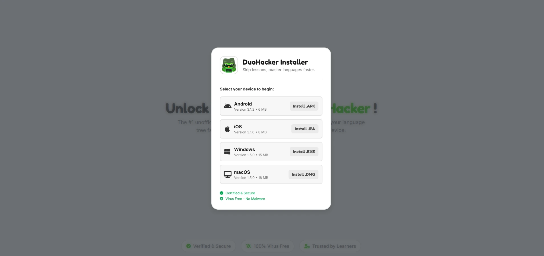A screenshot depicting the DuoHacker Pro Gem Generator feature, with a button to add unlimited gems to the user's Duolingo account.